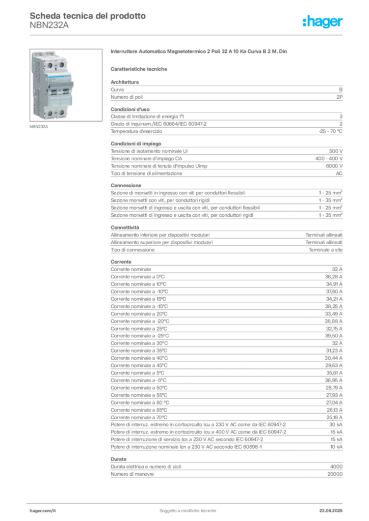 Immagine Hager Scheda tecnica del prodotto NBN232A | Hager Italia