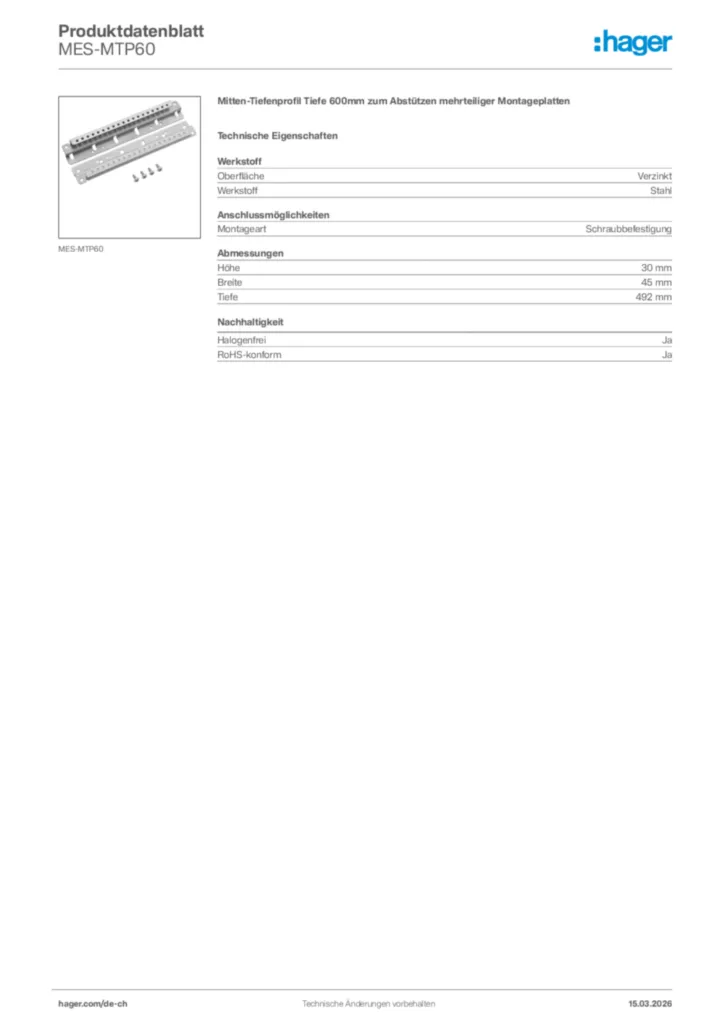 Bild Hager Produktdatenblatt MES-MTP60 | Hager Schweiz
