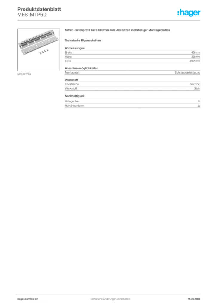 Bild Hager Produktdatenblatt MES-MTP60 | Hager Schweiz