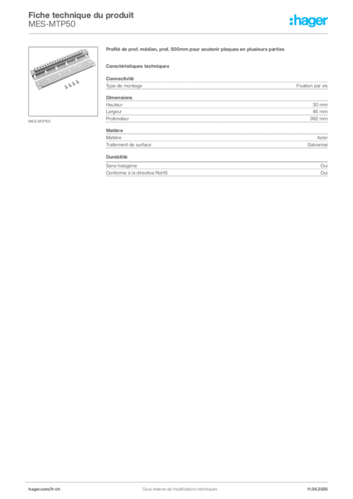 Image Hager Fiche technique du produit MES-MTP50 | Hager Suisse