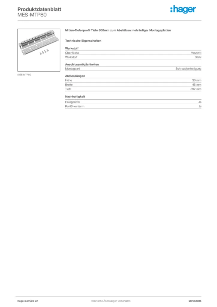 Bild Hager Produktdatenblatt MES-MTP80 | Hager Schweiz