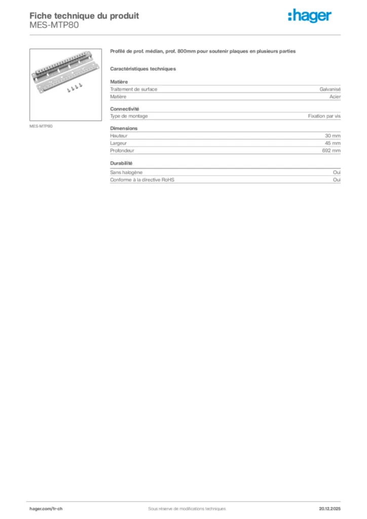 Image Hager Fiche technique du produit MES-MTP80 | Hager Suisse