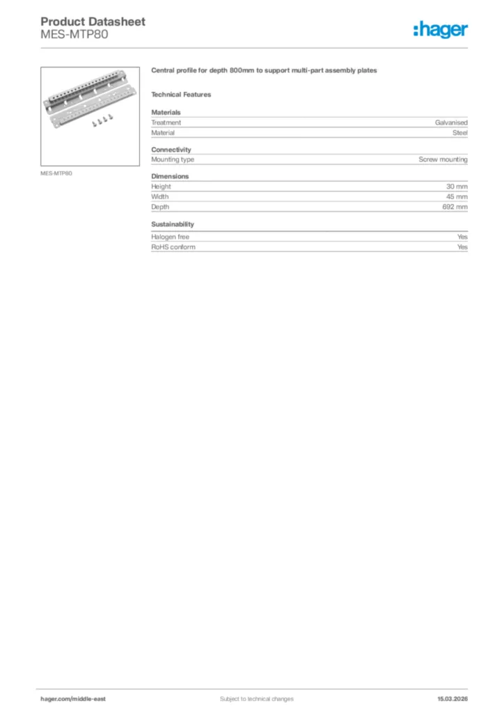 Image Hager Product data sheet MES-MTP80  | Hager