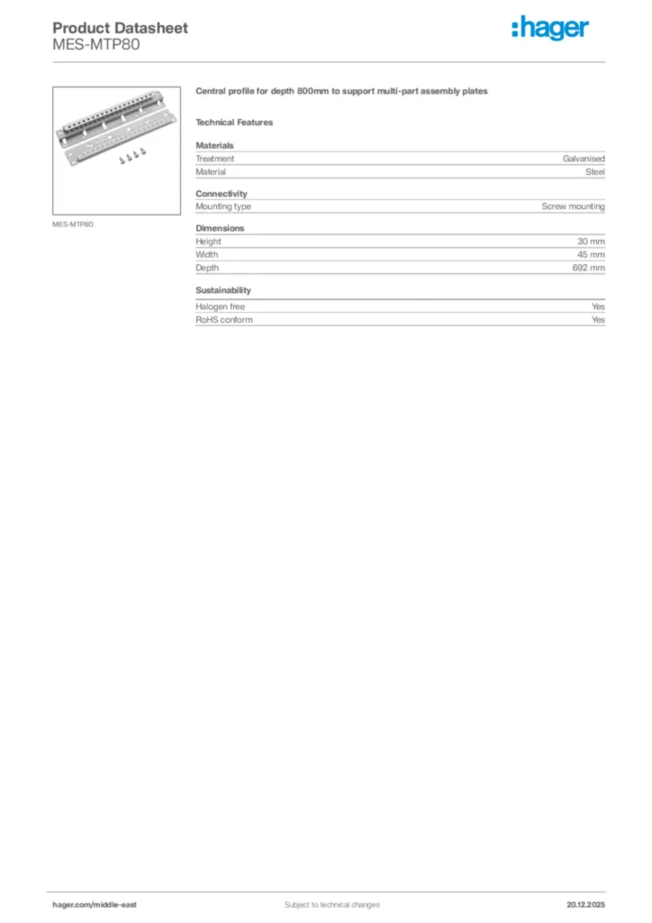 Image Hager Product data sheet MES-MTP80  | Hager