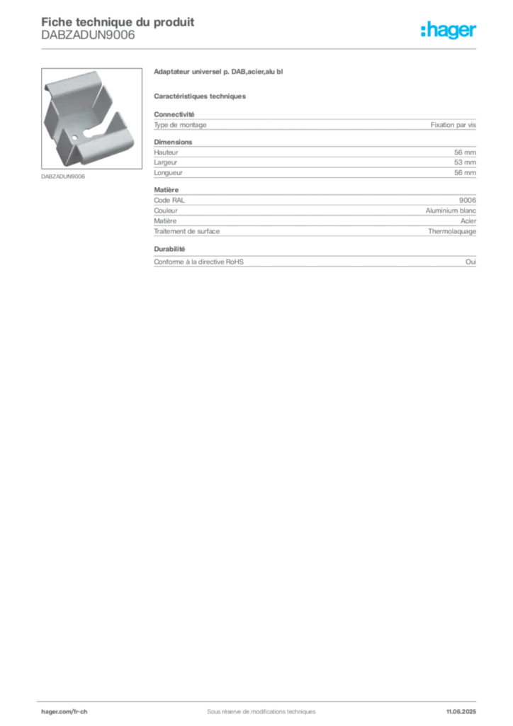 Image Hager Fiche technique du produit DABZADUN9006 | Hager Suisse