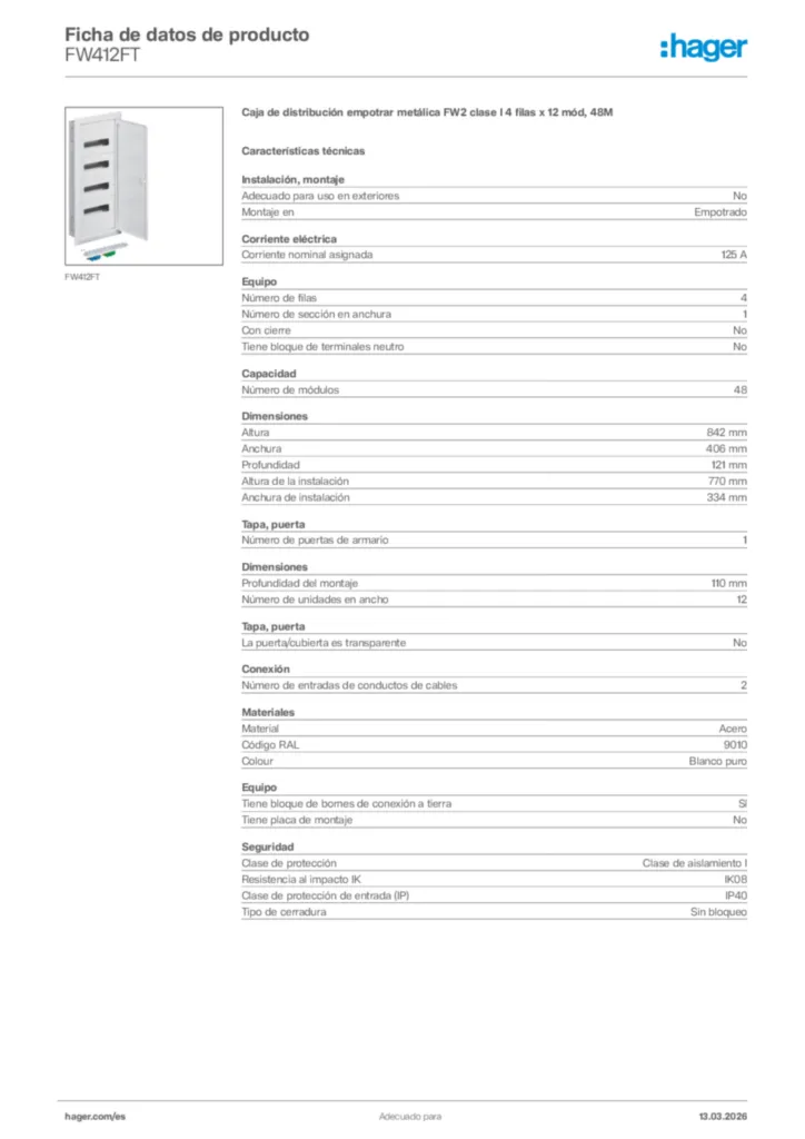 Imagen Hager Ficha de datos de producto FW412FT | Hager España