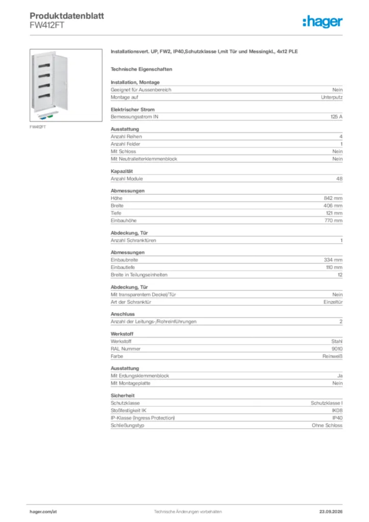 Bild Hager Produktdatenblatt FW412FT | Hager Deutschland