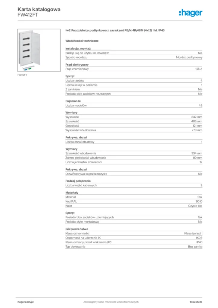 Zdjęcie Hager Karta katalogowa FW412FT | Hager Polska