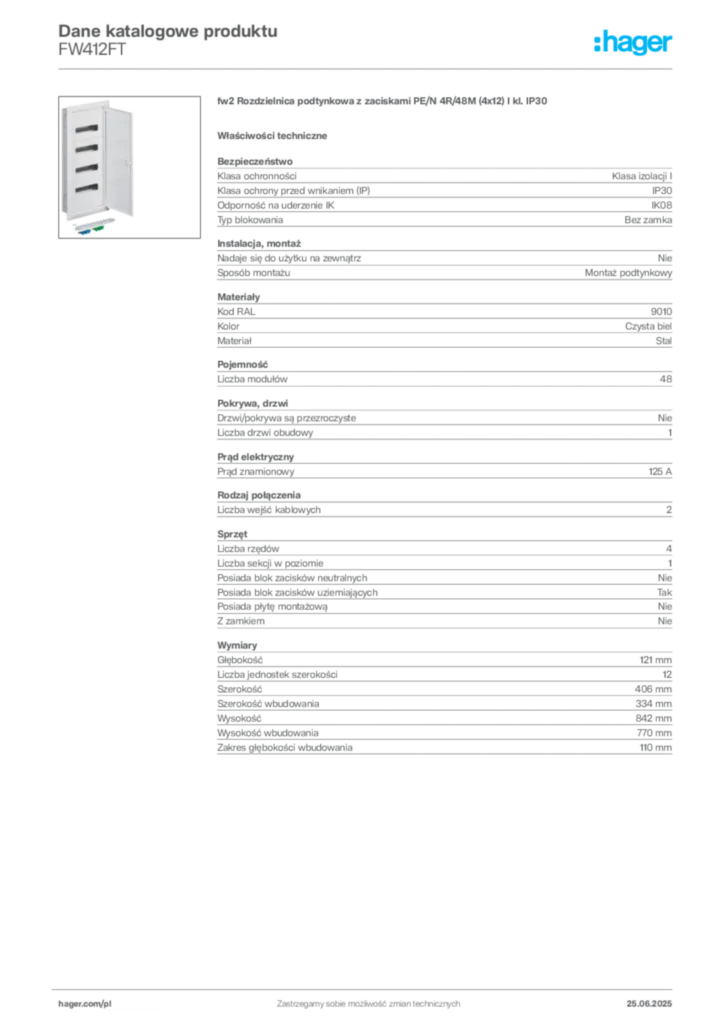 Zdjęcie Hager Karta katalogowa FW412FT | Hager Polska