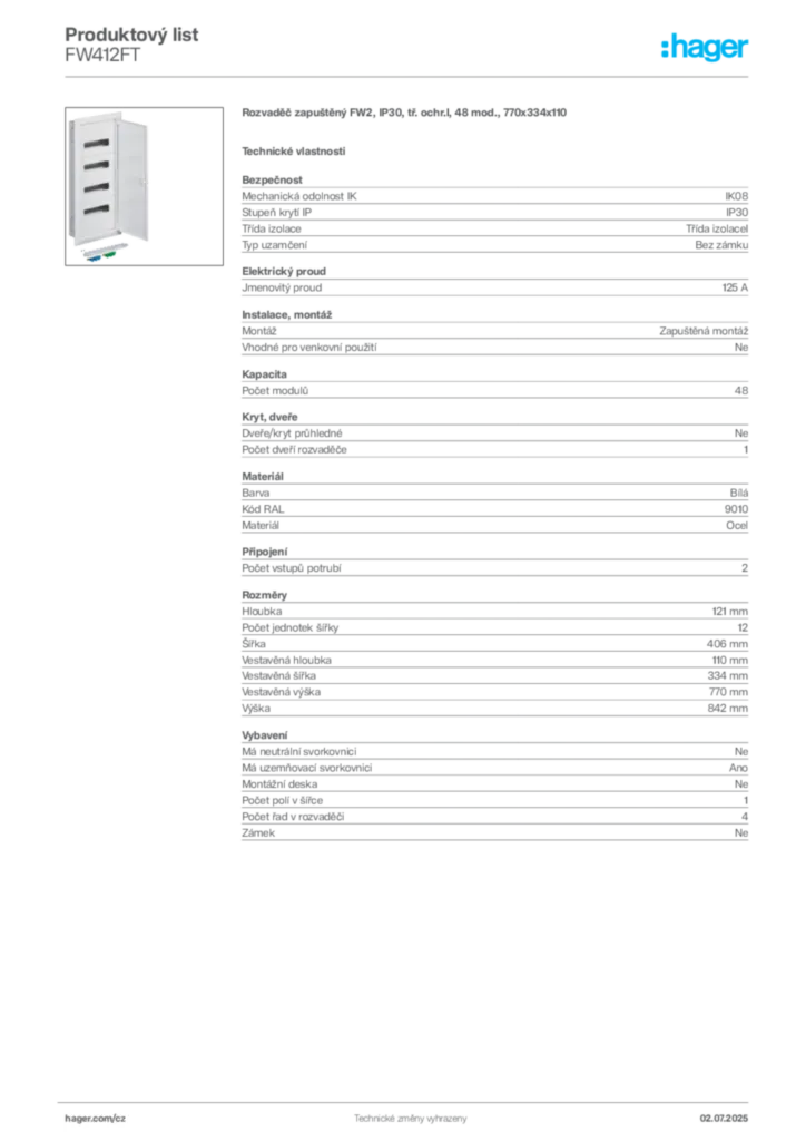 Obrázek Hager Produktový list FW412FT | Hager