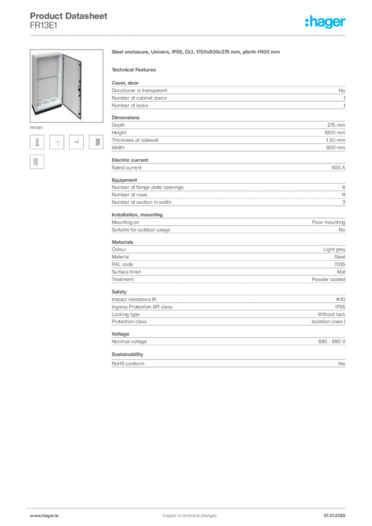 Image Hager Product data sheet FR13E1  | Hager