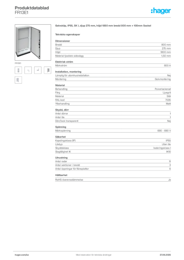 Bild Hager Produktdatablad FR13E1 | Hager Sverige
