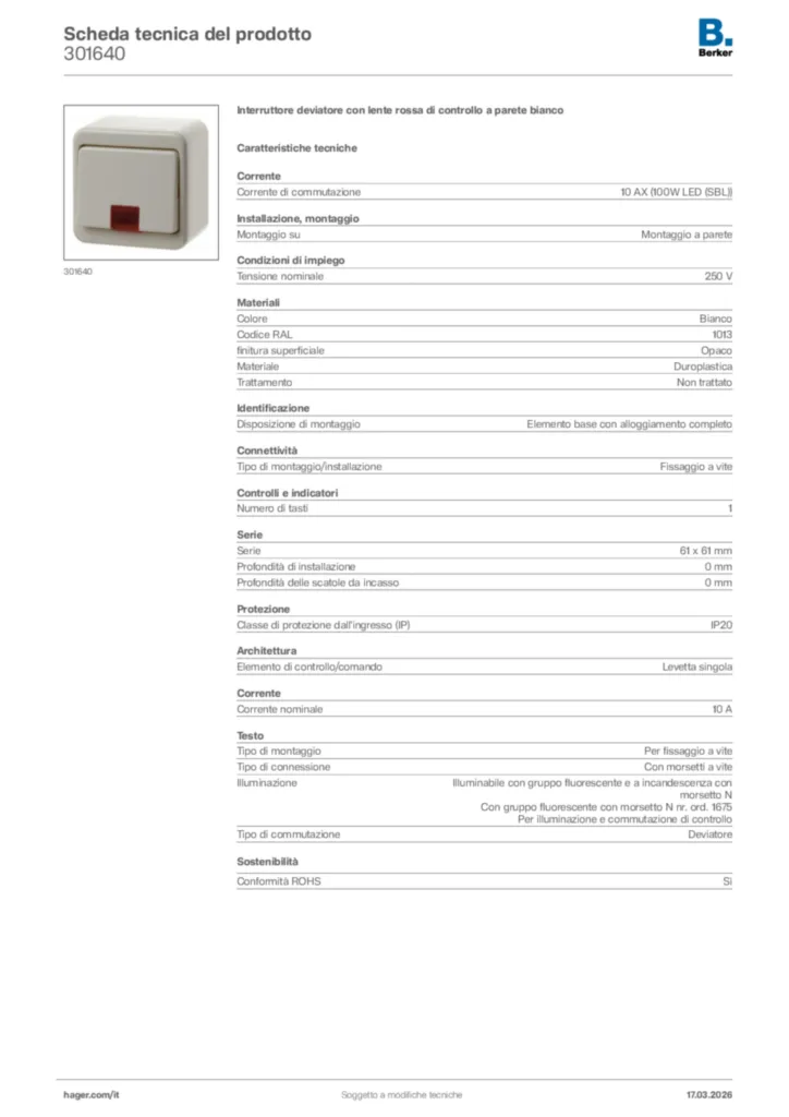 Immagine Berker Scheda tecnica del prodotto 301640 | Hager Italia