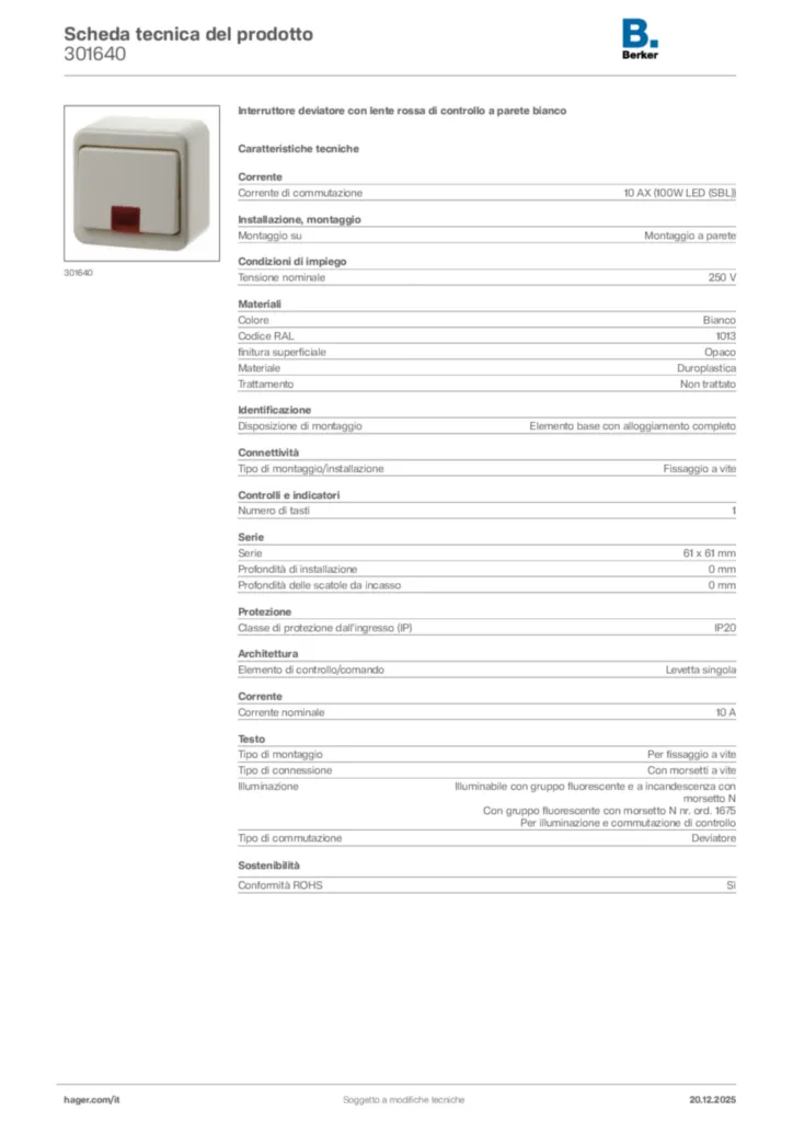 Immagine Berker Scheda tecnica del prodotto 301640 | Hager Italia