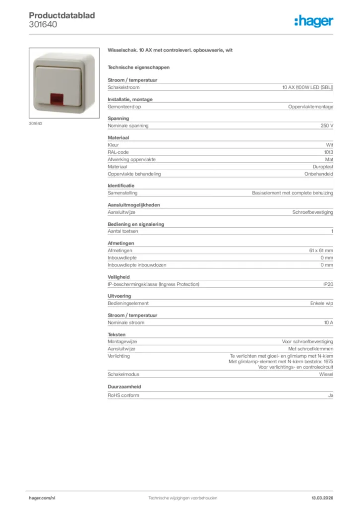 Afbeelding Hager Productdatablad 301640 | Hager Nederland