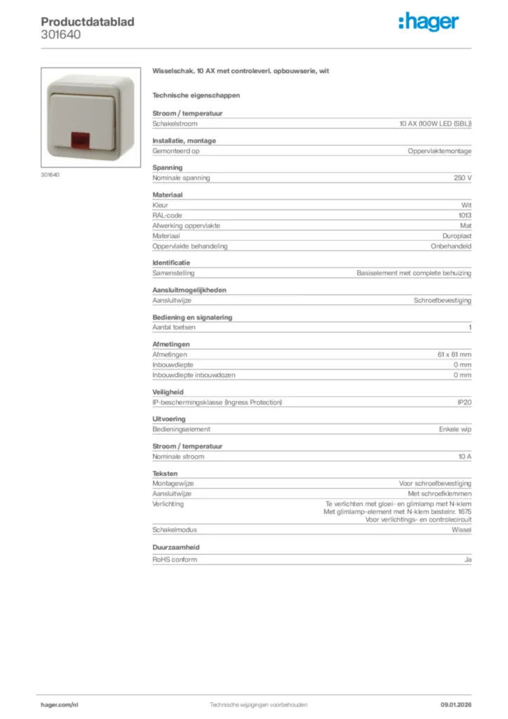 Afbeelding Hager Productdatablad 301640 | Hager Nederland