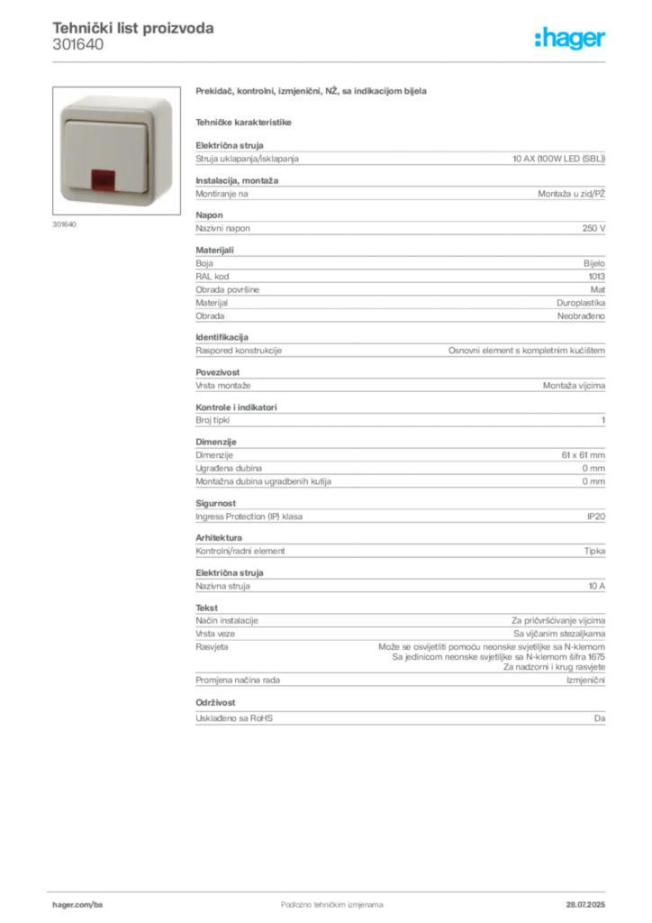 Slika Hager Product data sheet 301640  | Hager