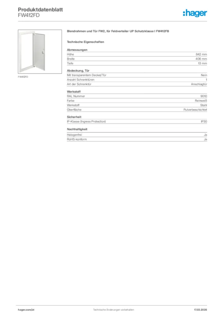 Bild Hager Produktdatenblatt FW412FD | Hager Deutschland