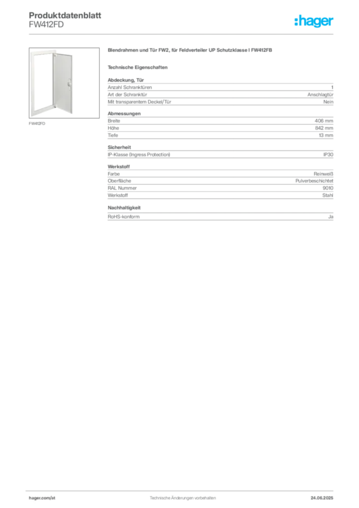Bild Hager Produktdatenblatt FW412FD | Hager Deutschland