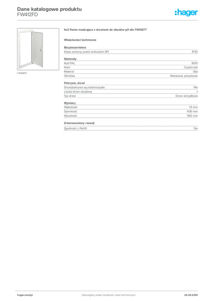 Zdjęcie Hager Karta katalogowa FW412FD | Hager Polska