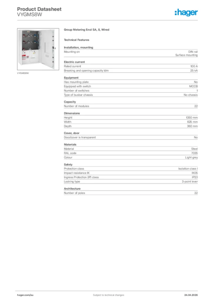 Image Hager Product data sheet VYGMS8W  | Hager Australia