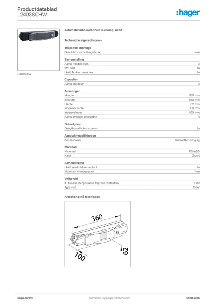 Afbeelding Hager Productdatablad L2403SCHW | Hager Nederland