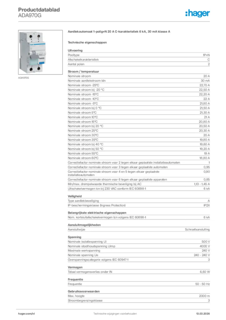 Afbeelding Hager Productdatablad ADA970G | Hager Nederland