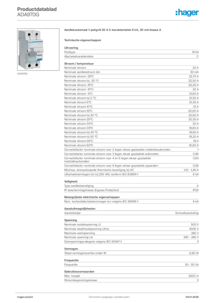 Afbeelding Hager Productdatablad ADA970G | Hager Nederland