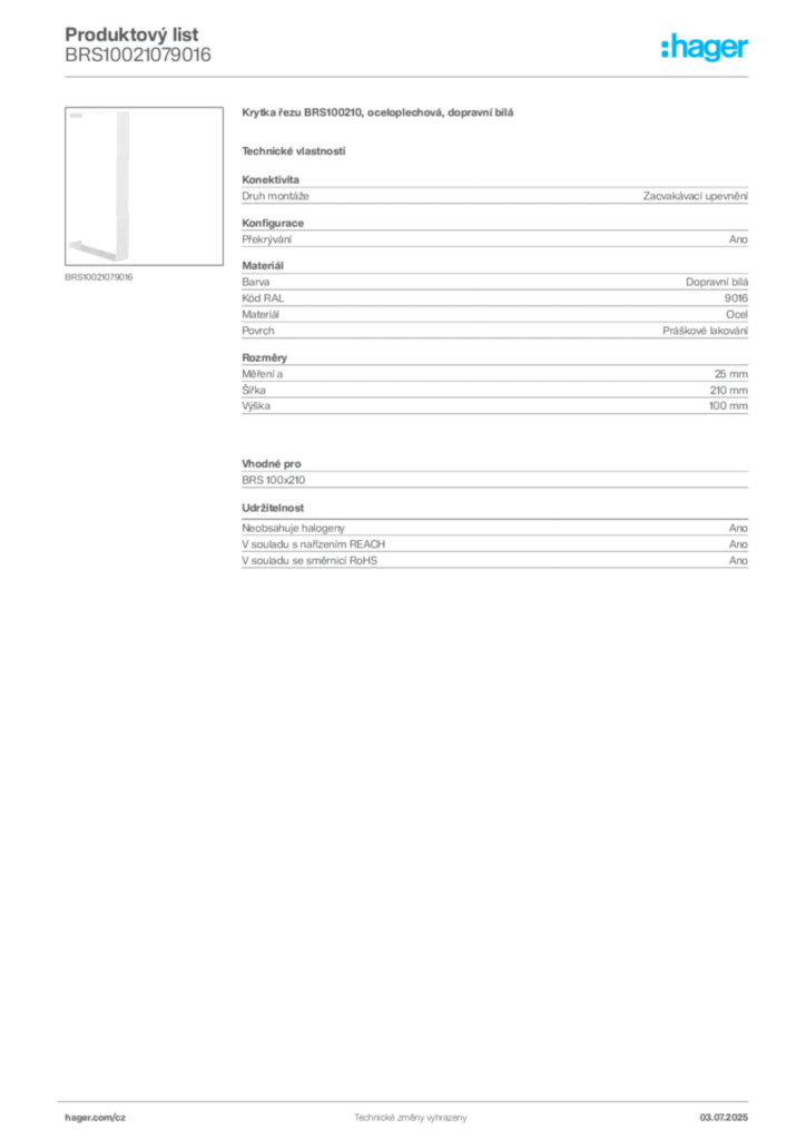 Obrázek Hager Produktový list BRS10021079016 | Hager