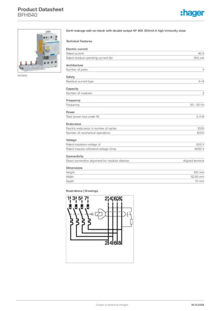 Image Hager Product data sheet BFH840  | Hager Africa