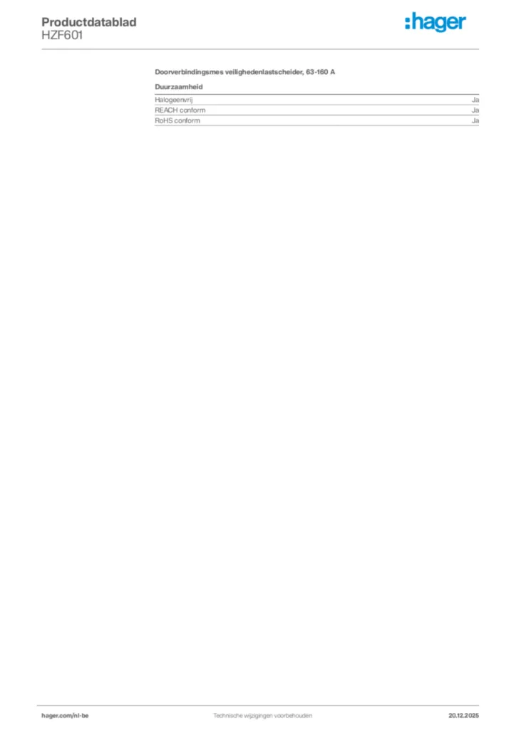 Afbeelding Hager Productdatablad HZF601 | Hager Belgium