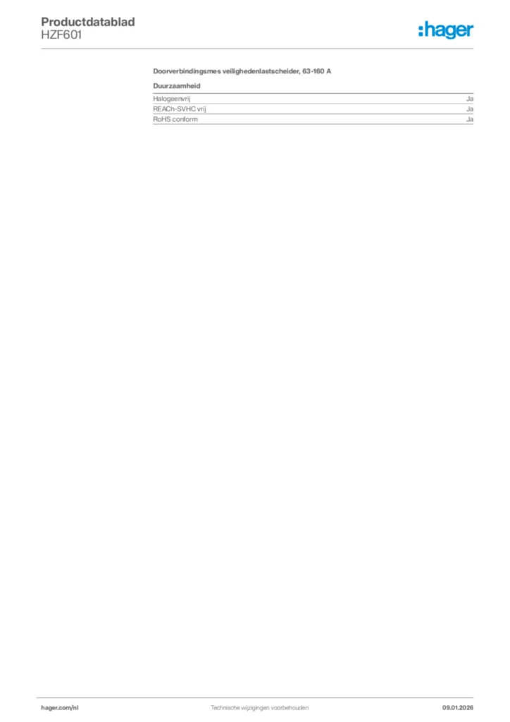 Afbeelding Hager Productdatablad HZF601 | Hager Nederland