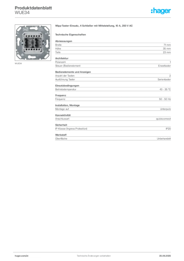 Bild Hager Produktdatenblatt WUE34 | Hager Deutschland