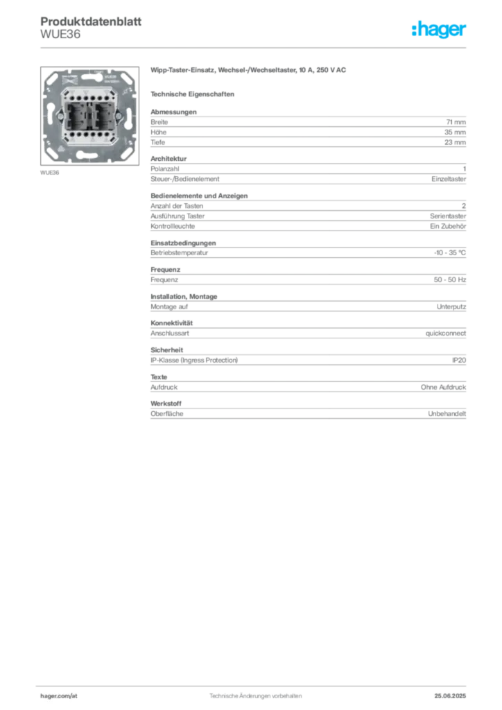 Bild Hager Produktdatenblatt WUE36 | Hager Deutschland