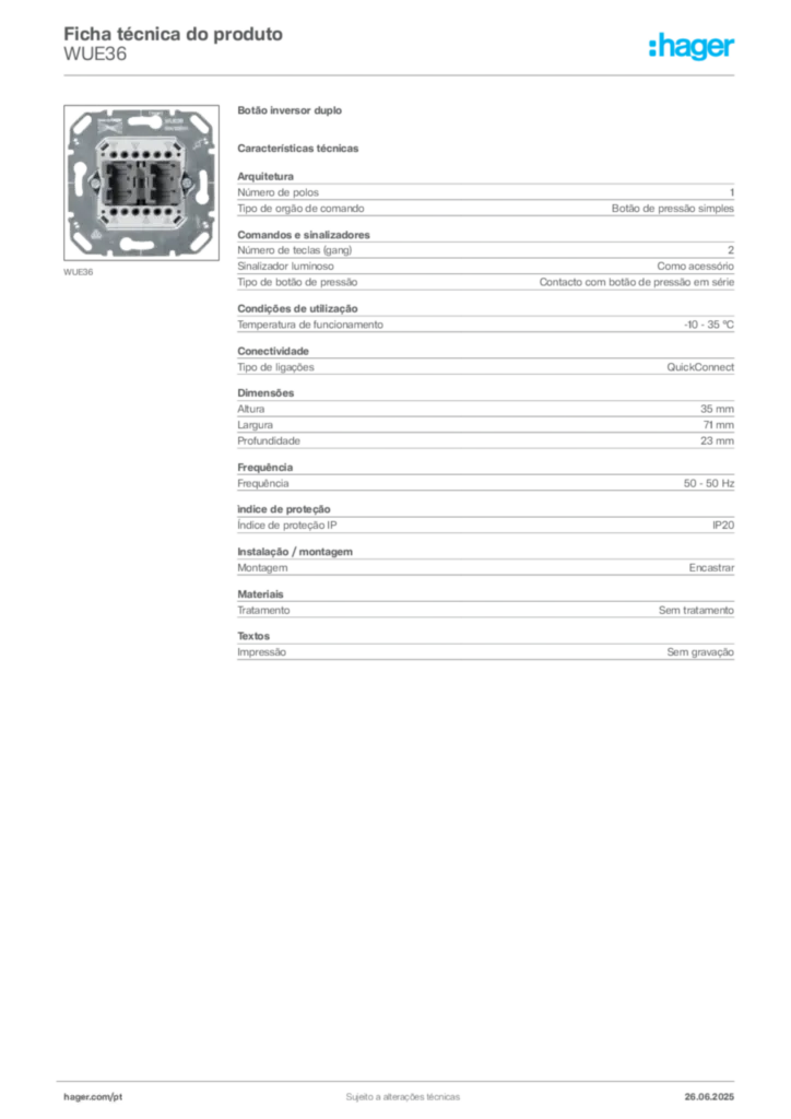 Imagem Hager Ficha técnica do produto WUE36 | Hager Portugal