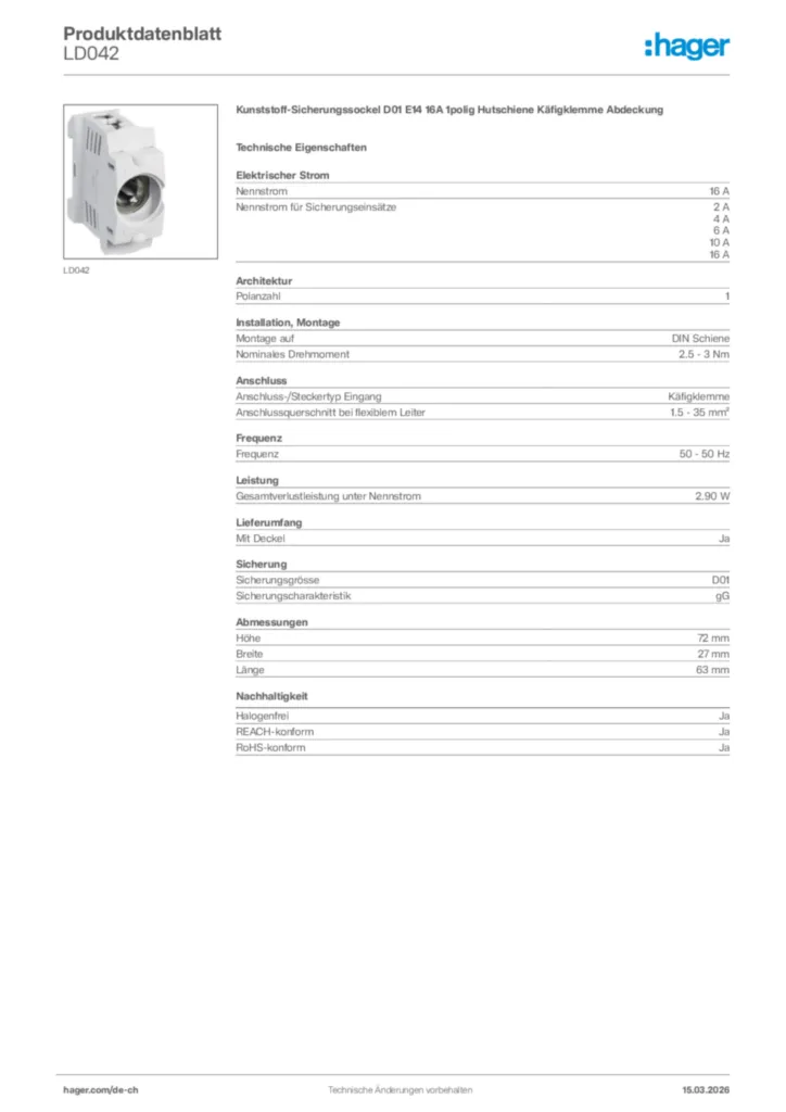 Bild Hager Produktdatenblatt LD042 | Hager Schweiz