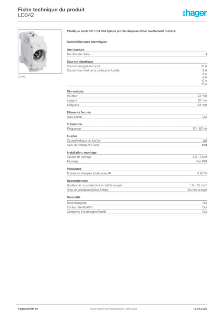 Image Hager Fiche technique du produit LD042 | Hager Suisse