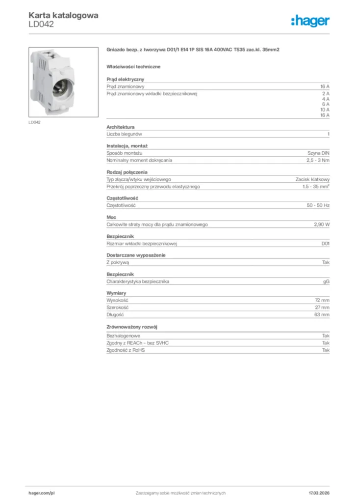 Zdjęcie Hager Karta katalogowa LD042 | Hager Polska