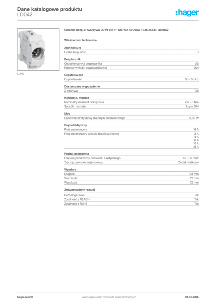 Zdjęcie Hager Karta katalogowa LD042 | Hager Polska