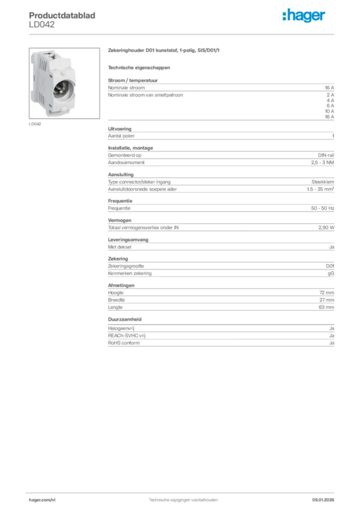 Afbeelding Hager Productdatablad LD042 | Hager Nederland