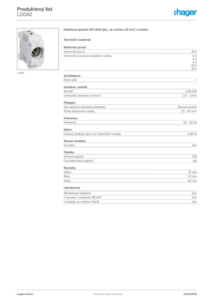 Obrázek Hager Product data sheet LD042 | Hager