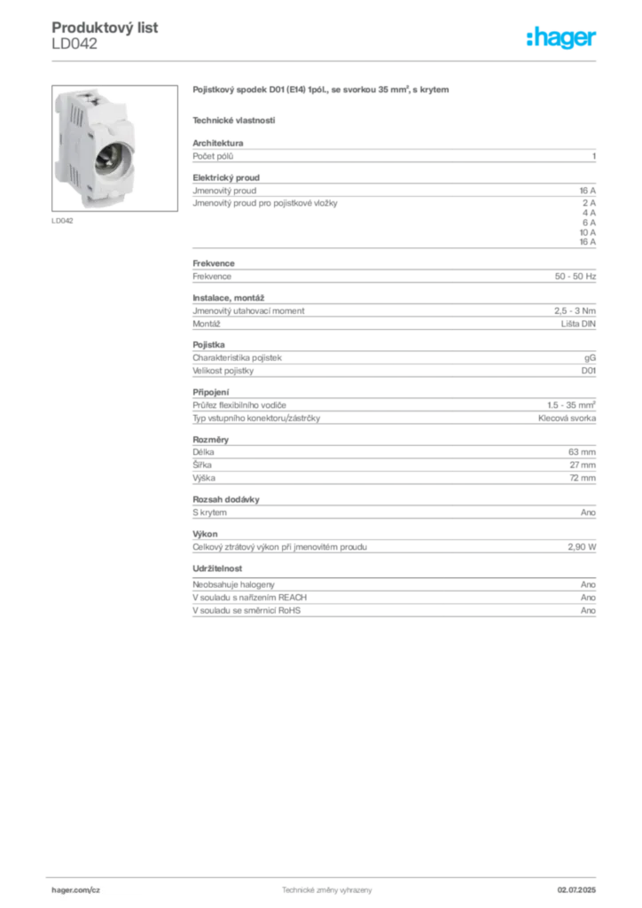 Obrázek Hager Produktový list LD042 | Hager