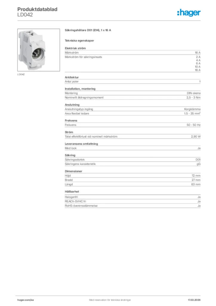 Bild Hager Produktdatablad LD042 | Hager Sverige