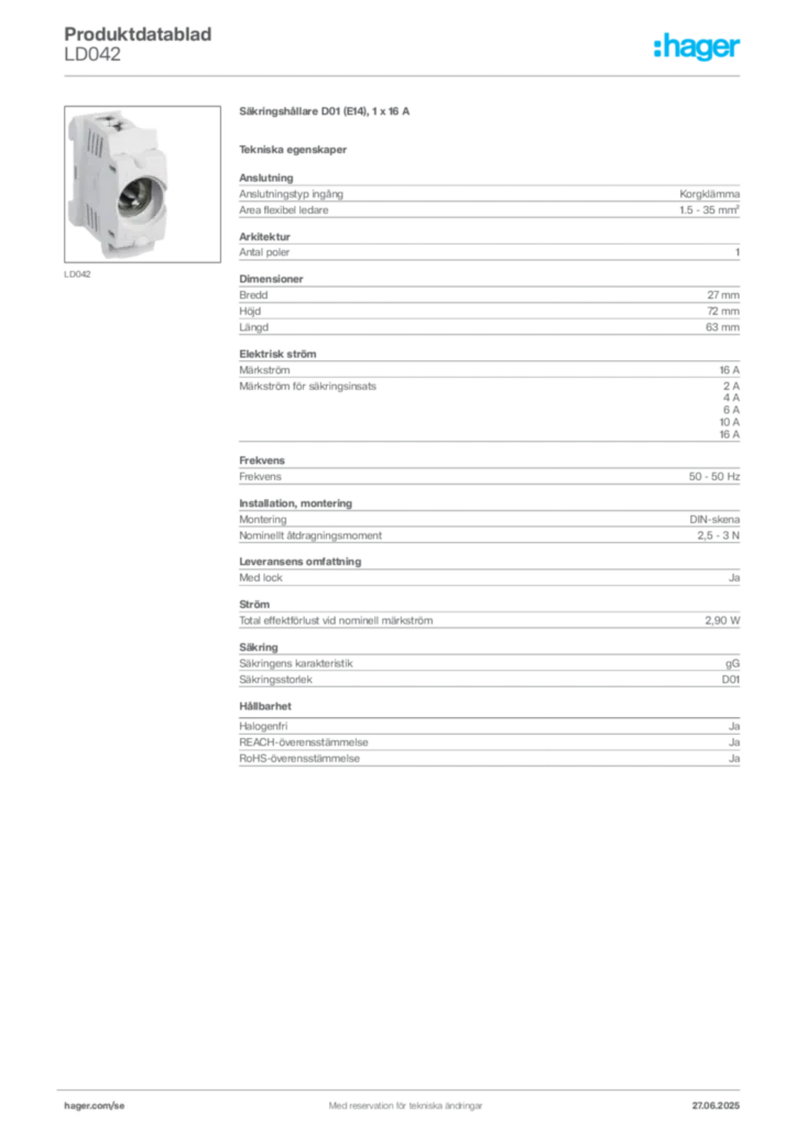 Bild Hager Produktdatablad LD042 | Hager Sverige