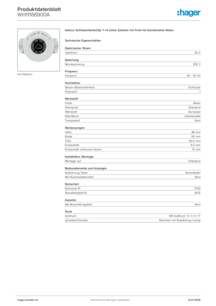 Bild Hager Produktdatenblatt WH11186900A | Hager Schweiz