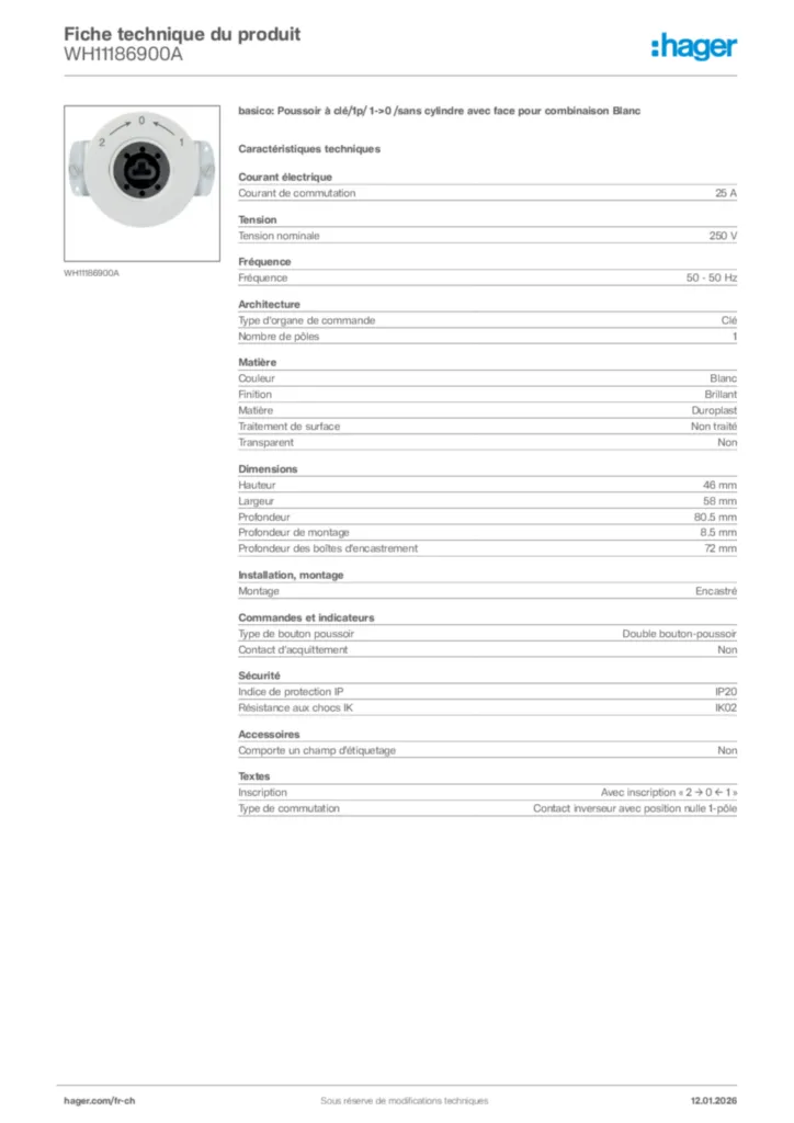 Image Hager Fiche technique du produit WH11186900A | Hager Suisse