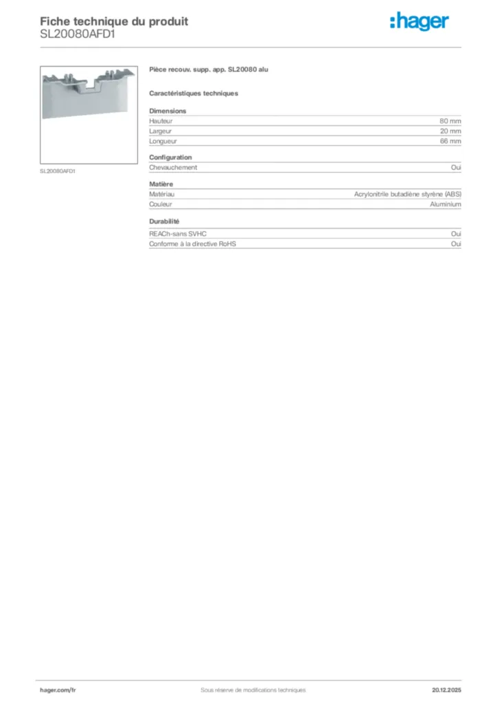 Image Hager Fiche technique du produit SL20080AFD1 | Hager France