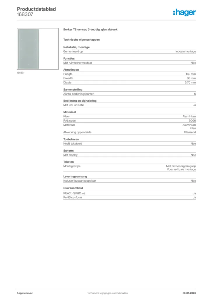 Afbeelding Hager Productdatablad 168307 | Hager Nederland