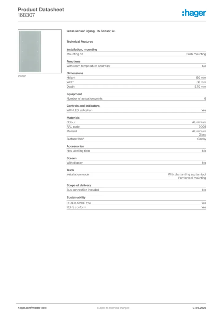 Image Hager Product data sheet 168307  | Hager