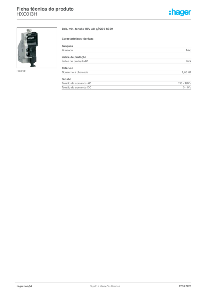 Imagem Hager Ficha técnica do produto HXC013H | Hager Portugal